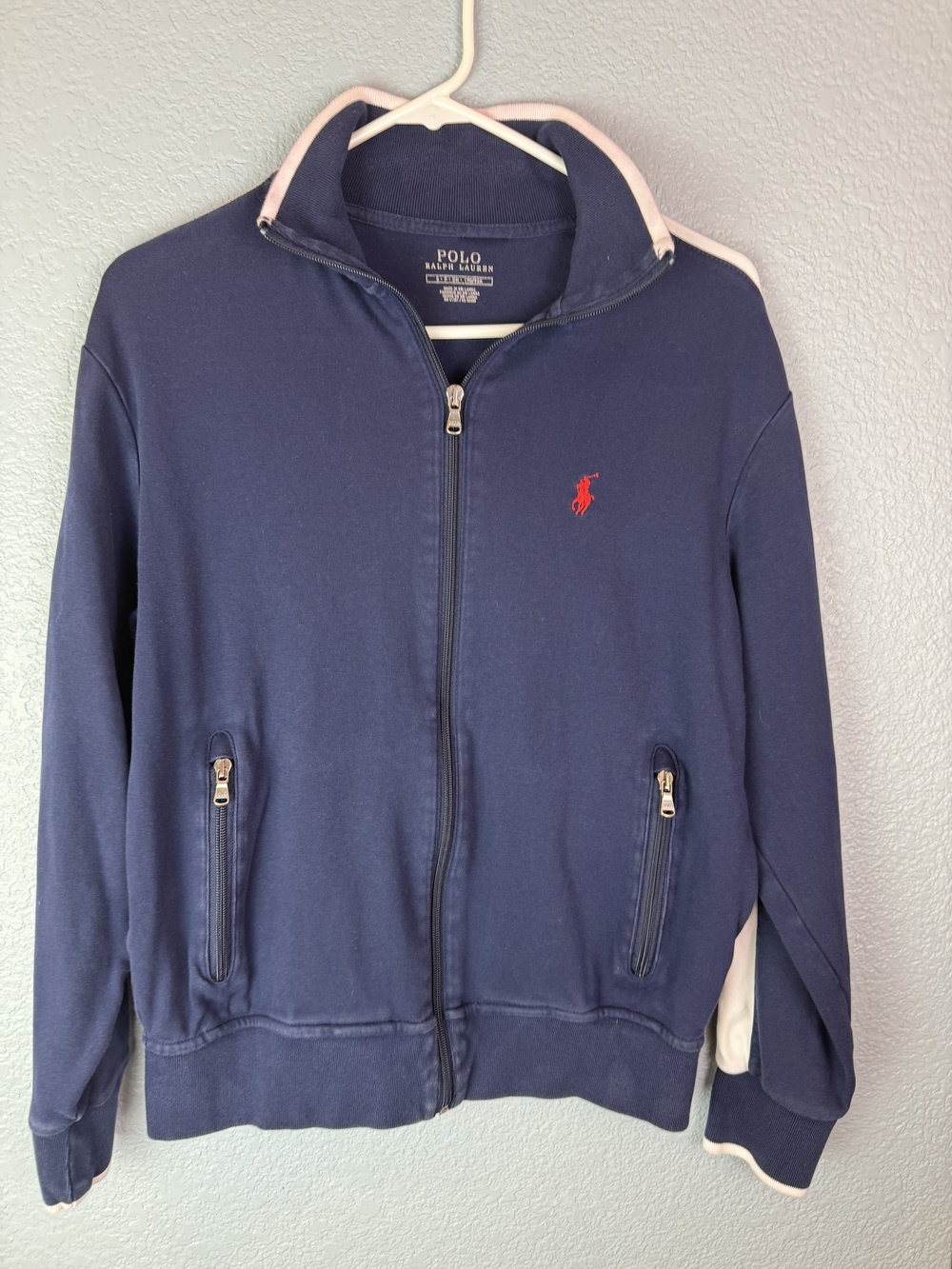 Polo Ralph Lauren Jacket Mens Small Blue White Full Zip Track Mock Neck Logo